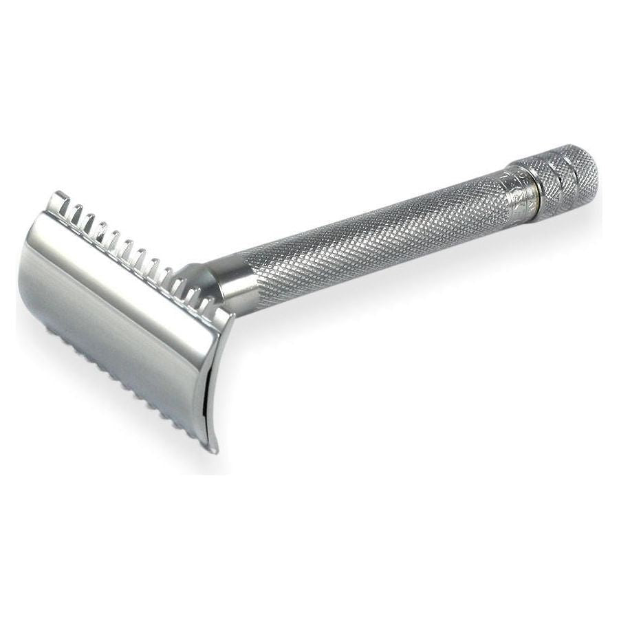 Merkur 25C long handle open comb double edge safety razor for precise shaving, featuring a sturdy metal design.