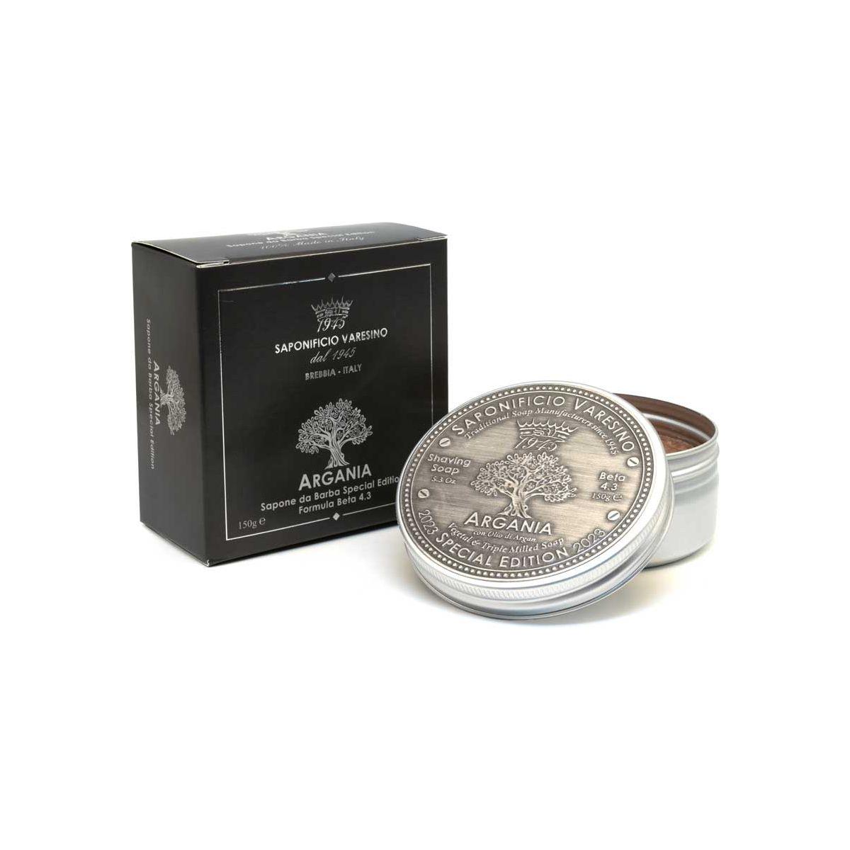 Saponificio Varesino Argania shaving set with soap, brush, and accessories for a luxurious shaving experience.