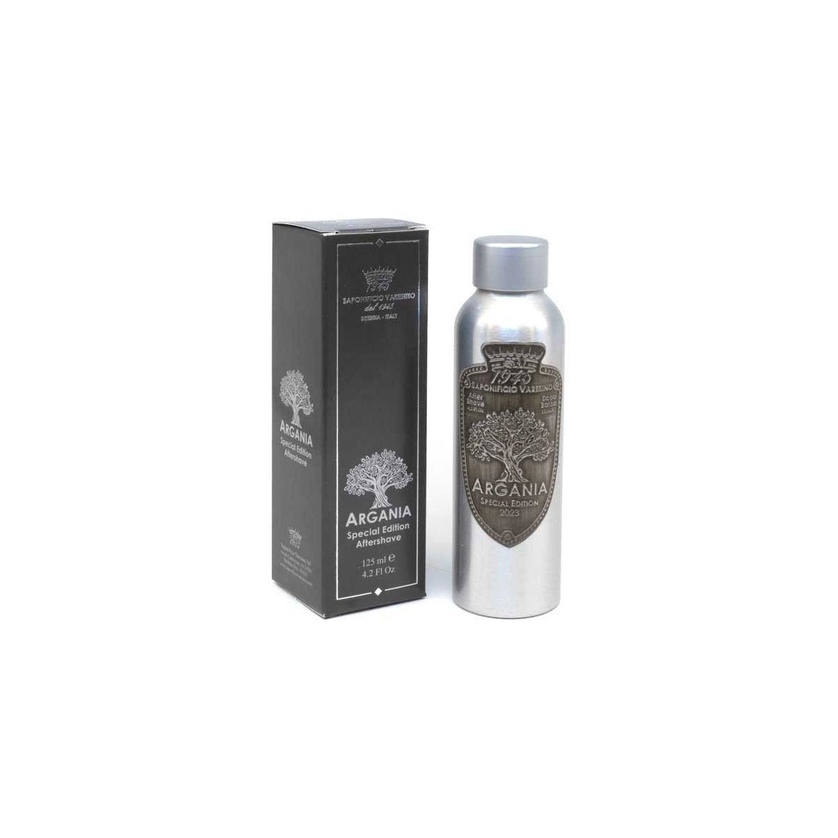 Saponificio Varesino Argania Shaving Collection with shaving soap, brush, and accessories in a traditional shaving set.