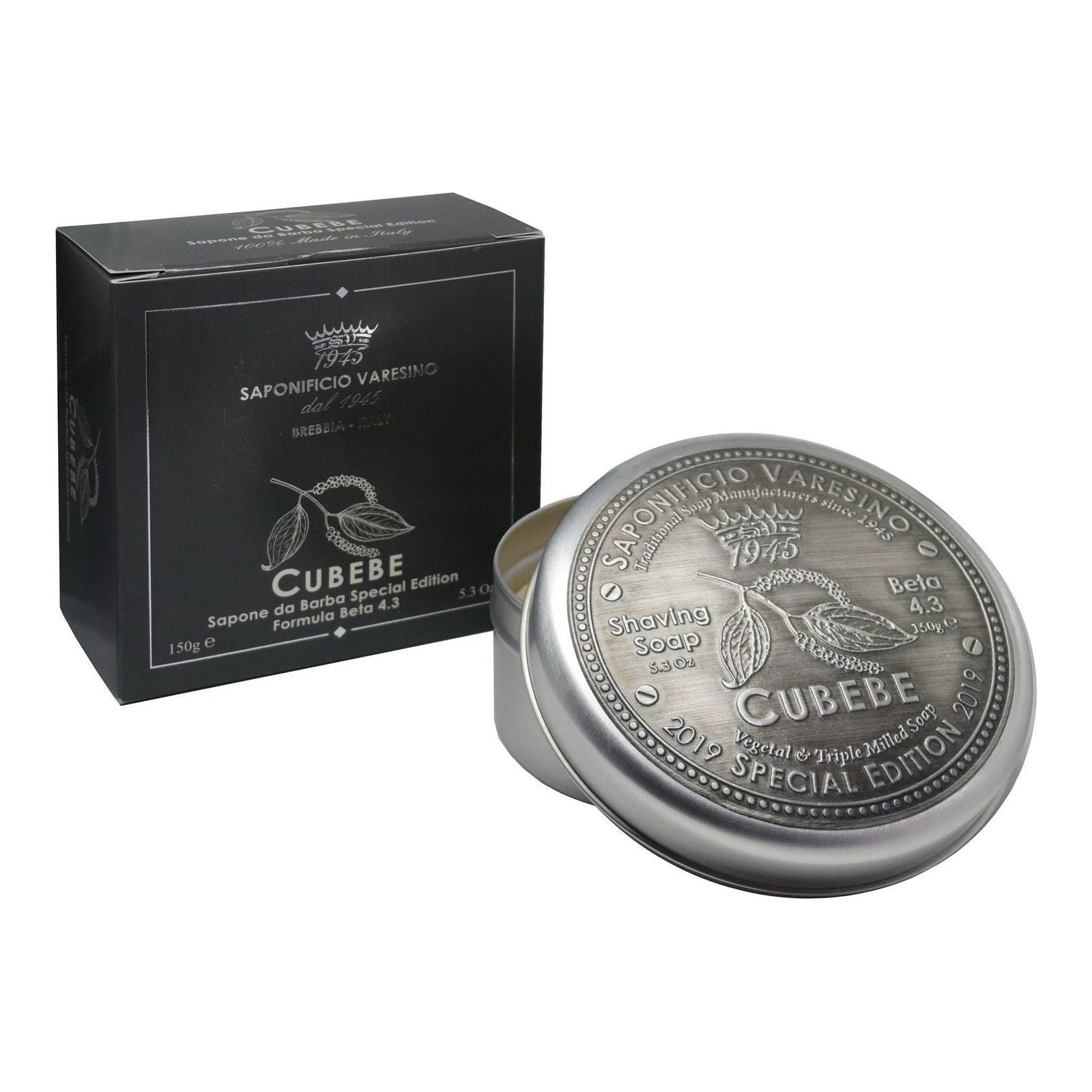 Saponificio Varesino Cubebe shaving set with soap, brush, and accessories in a stylish grooming collection.