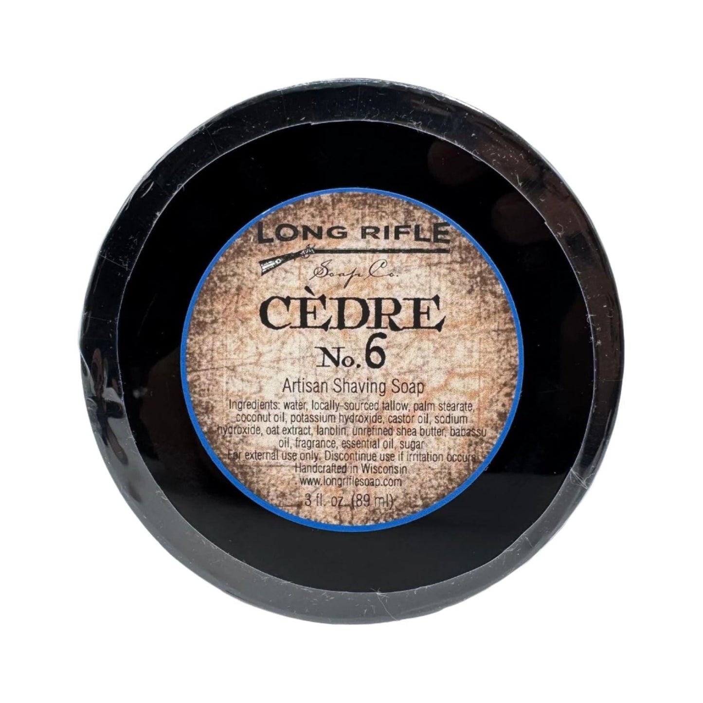 Long Rifle Soap Co. Cedre No.6 shaving set with 3 oz soap container, featuring elegant packaging and grooming essentials.