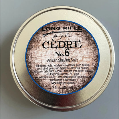 Long Rifle Soap Co. Cedre No.6 shaving set with soap container, featuring a 3 oz shaving soap in a wooden box, by Pasteur Pharmacy.