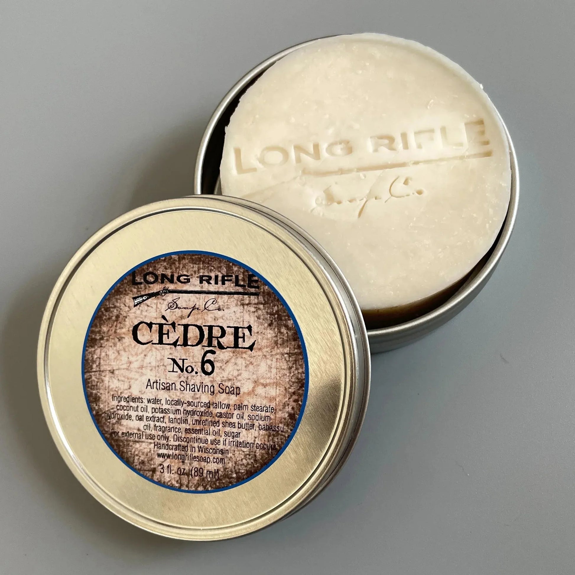 Long Rifle Soap Co. Cedre No.6 shaving set with 3 oz soap, includes container and brush, from Pasteur Pharmacy shaving collection