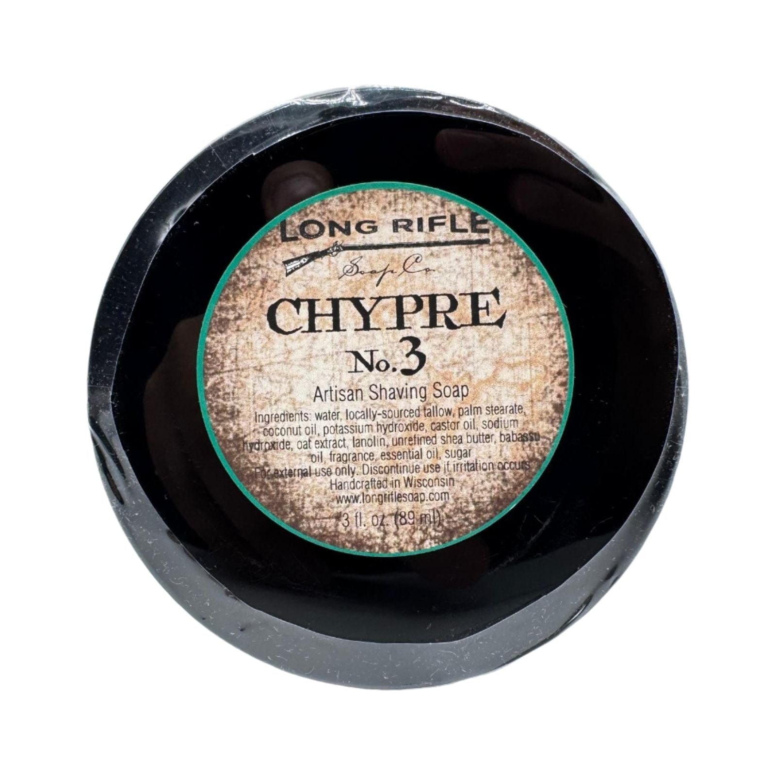Long Rifle Soap Co. Chypre No.3 shaving set with 3 oz shaving soap in a container, featuring a stylish grooming collection.
