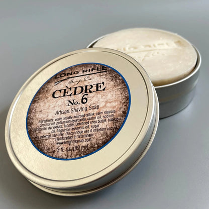 Long Rifle Soap Co. Chypre No.3 shaving set with soap container and brush, featuring a classic grooming collection by Pasteur Pharmacy.