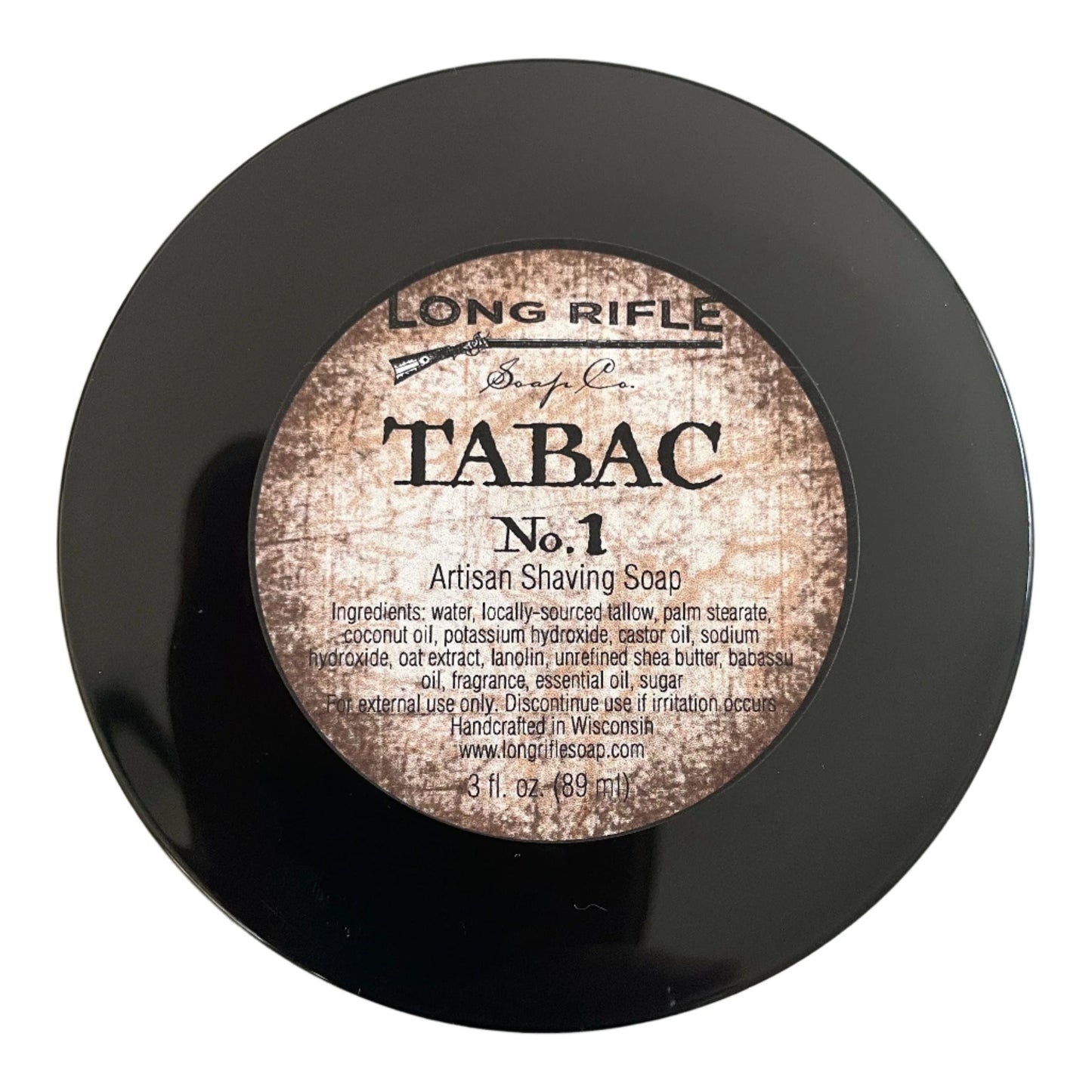 Long Rifle Soap Co. Tabac No.1 shaving set with soap container and brush, part of Pasteur Pharmacy's grooming collection.