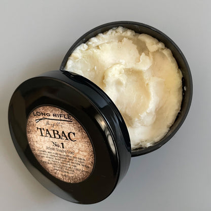 Long Rifle Soap Co. Tabac No.1 shaving set with 3 oz soap in a container, featuring a traditional shaving collection by Pasteur Pharmacy.