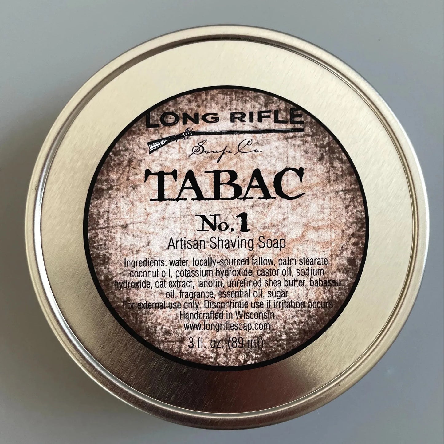 Long Rifle Soap Co. Tabac No.1 shaving set with soap container, brush, and accessories for a classic grooming experience