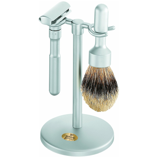 Merkur Futur brushed chrome 3-piece shaving set with adjustable safety razor and badger brush on stand, from Pasteur Pharmacy