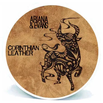 Ariana & Evans Corinthian Leather Shaving Collection shaving set with soap in a sleek container, featuring elegant packaging and grooming tools.