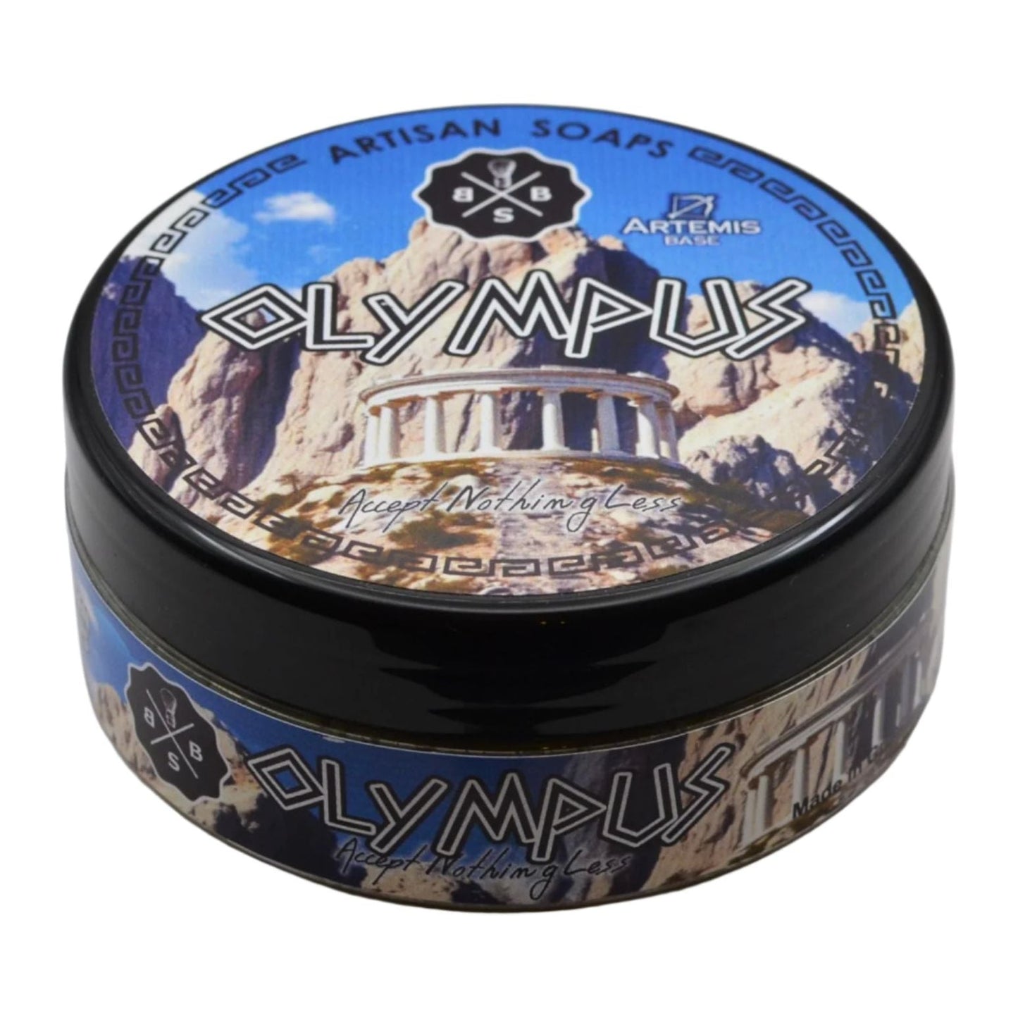 Pasteur Pharmacy BBS Olympus Collection shaving set with shaving soap in a 4.5 oz container, featuring a classic grooming style.