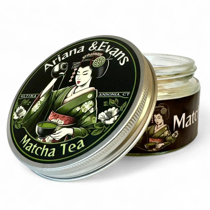 Ariana & Evans Matcha Tea Ultima Shaving Collection shaving set with soap, brush, and accessories, featuring elegant packaging.