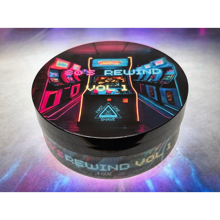 Pasteur Pharmacy First Line Shave 80's Rewind Shaving Set with shaving soap in a 4 oz container and grooming accessories.