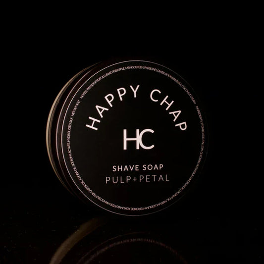 Pasteur Pharmacy Happy Chap Pulp and Petal Shaving Collection set with shaving soap in a 4 oz tin, featuring natural grooming products.