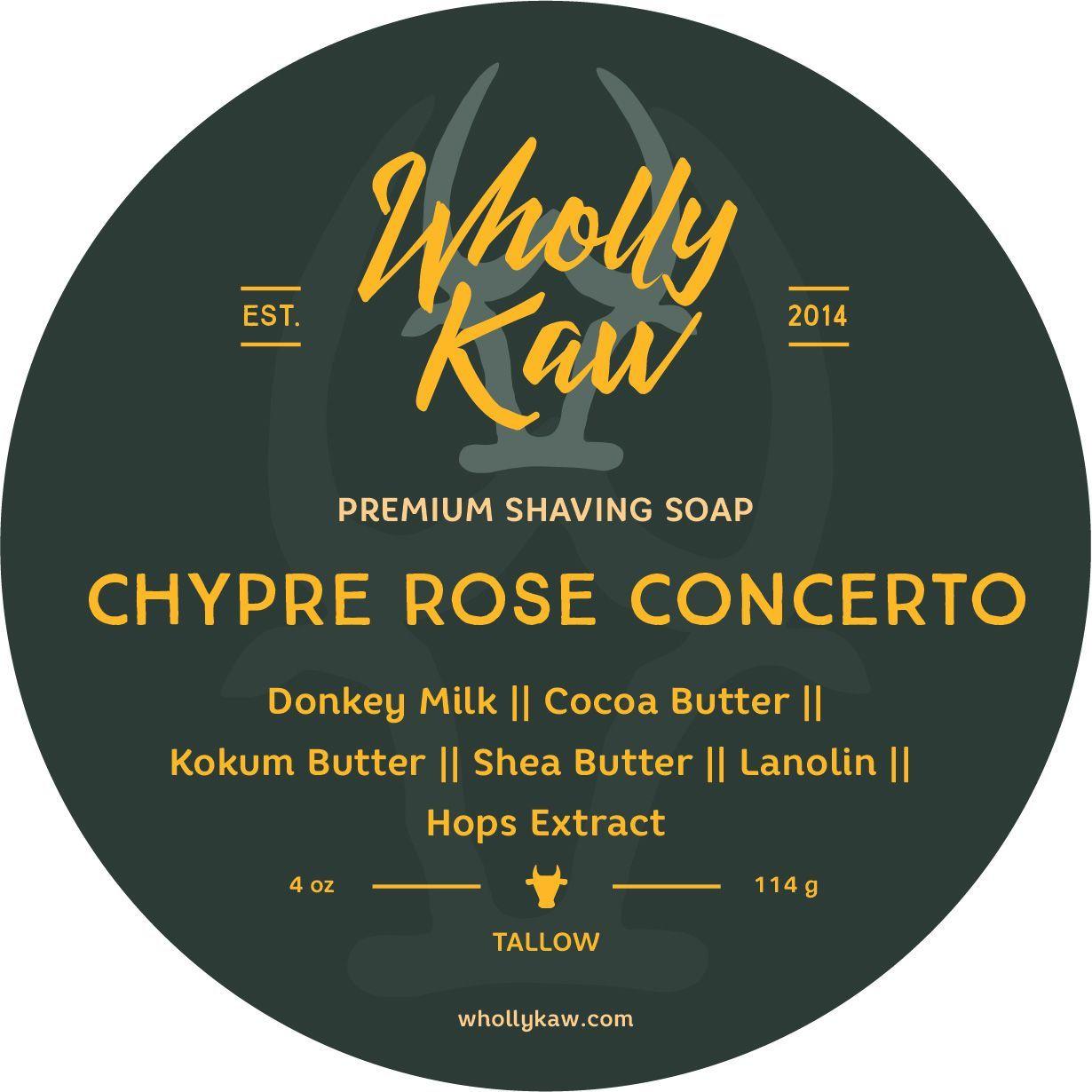 Wholly Kaw Chypre Rose Concerto Shaving Collection with 4 oz tallow shaving soap, including a shaving brush and accessories.