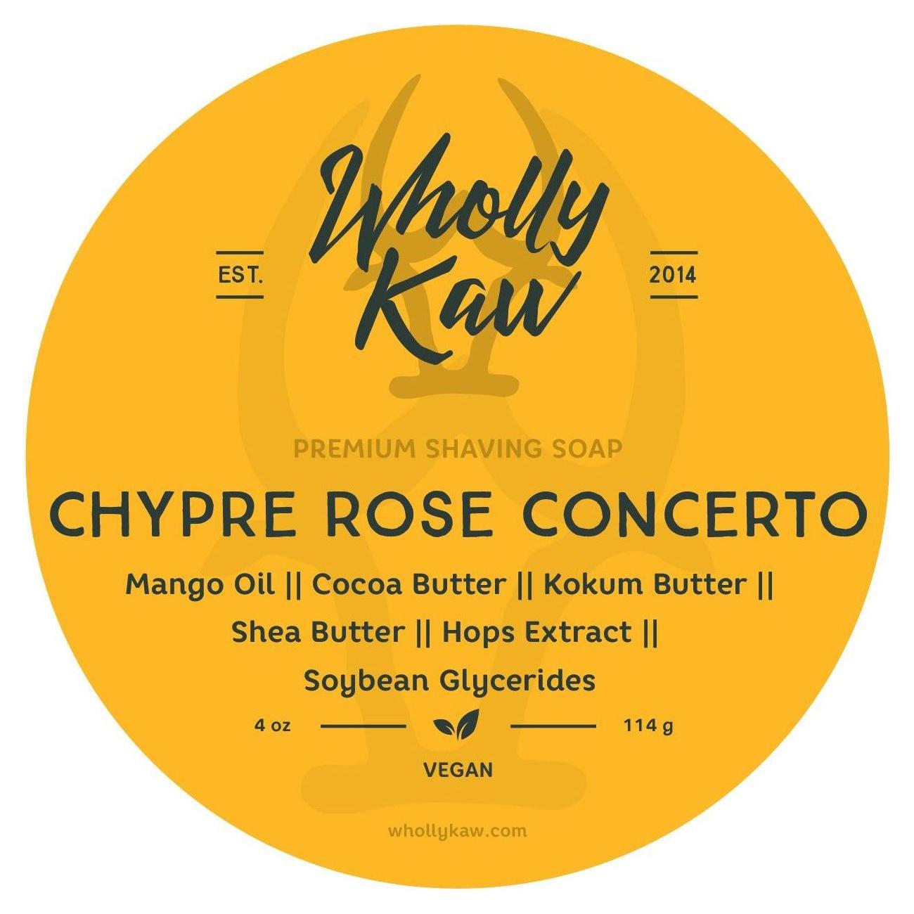 Wholly Kaw Chypre Rose Concerto shaving set with 4 oz tallow shaving soap, featuring elegant packaging and grooming essentials.