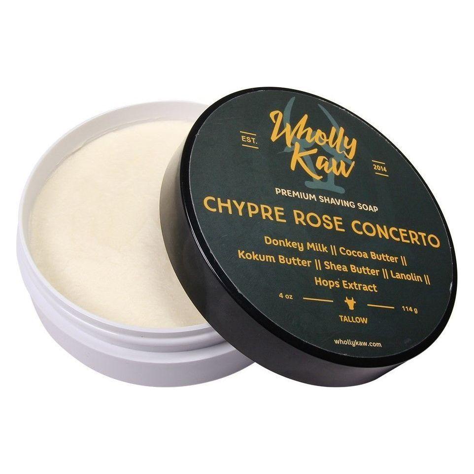 Wholly Kaw Chypre Rose Concerto shaving set with 4 oz tallow shaving soap in elegant packaging, featuring floral and citrus notes.