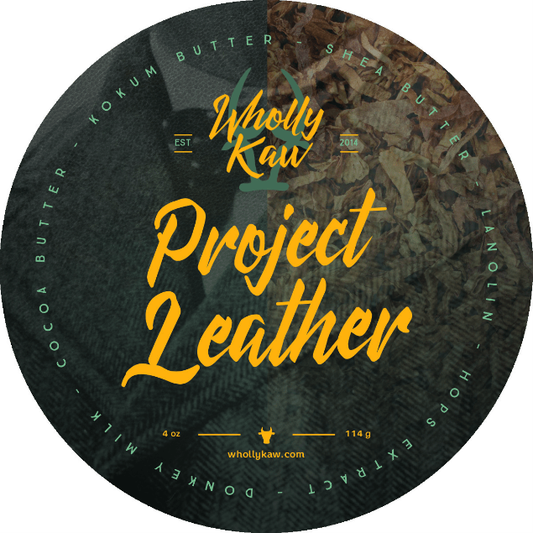Pasteur Pharmacy Wholly Kaw Project Leather shaving set with 4 oz shaving soap, featuring a classic grooming collection.