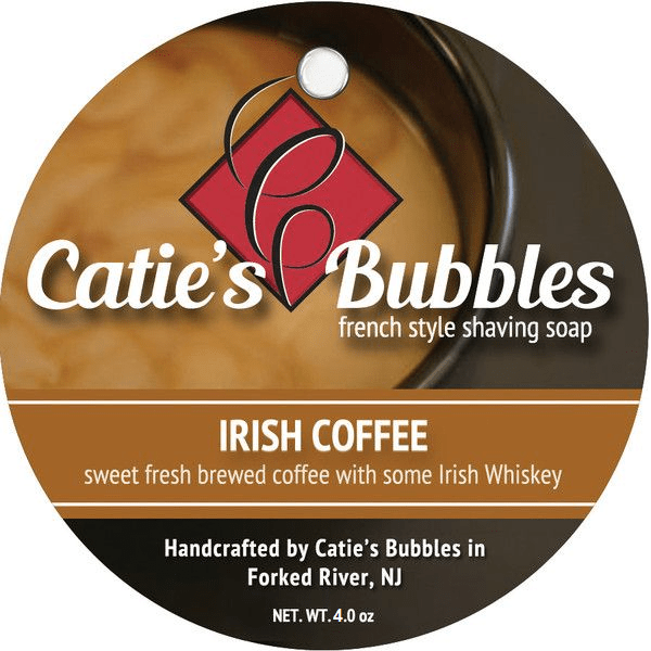 Pasteur Pharmacy Irish Coffee Shaving Set featuring Catie's Bubbles shaving soap in a 4oz container with a classic design.