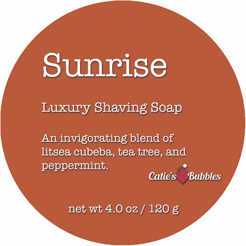 Pasteur Pharmacy Sunrise Shaving Collection set with shaving soap in a 4oz container, featuring Catie's Bubbles branding.