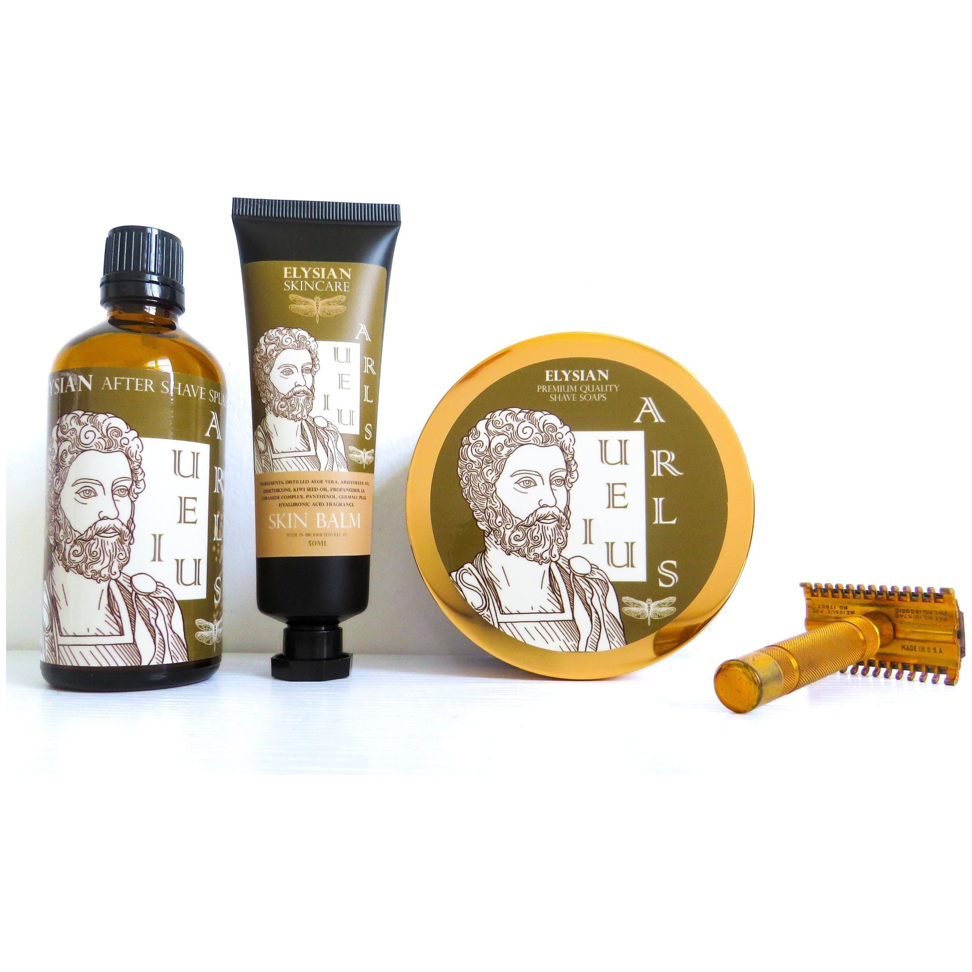 Pasteur Pharmacy Elysian Aurelius Shaving Collection set with shaving soap in a 4oz container, featuring a classic grooming design.