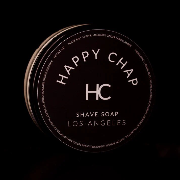 Pasteur Pharmacy Happy Chap Los Angeles Shaving Collection set with 4oz shaving soap and grooming accessories.
