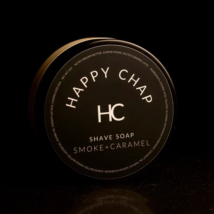 Pasteur Pharmacy Happy Chap Smoke and Caramel Shaving Set with 4oz shaving soap, ideal for a smooth shave.