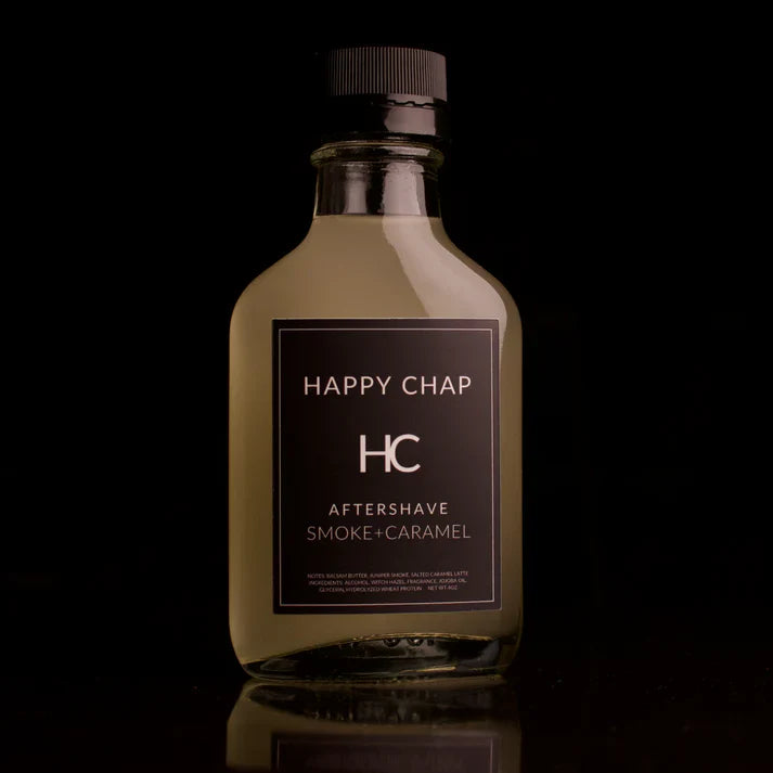 Pasteur Pharmacy Happy Chap Smoke and Caramel shaving set with 4oz shaving soap, grooming essentials for a smooth shave.