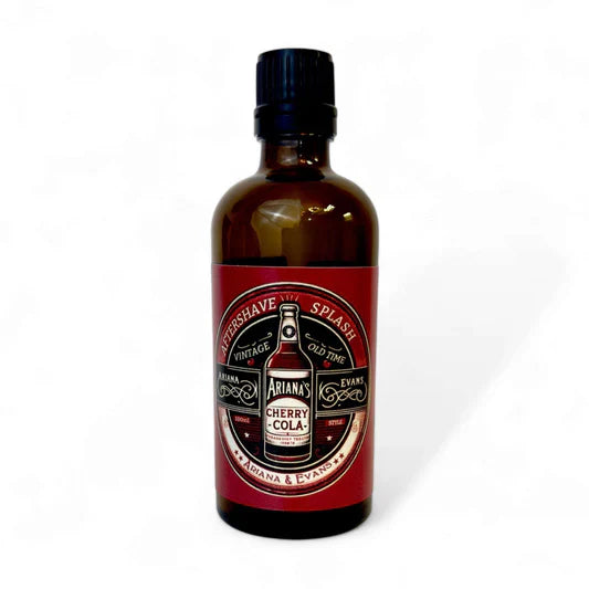 Ariana & Evans Cherry Cola shaving set with a shaving soap in a 5.3 oz jar, featuring a cherry cola scent, displayed with grooming accessories.