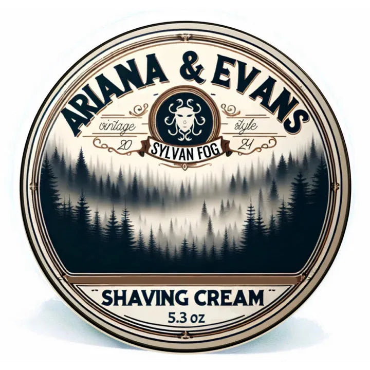 Ariana & Evans Sylvan Fog shaving set including a 5.3 oz shaving soap in a sleek container, perfect for a traditional grooming routine.