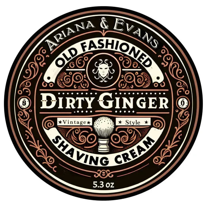 Ariana & Evans Dirty Ginger shaving set with shaving soap, brush, and accessories in a stylish collection, displayed in a photo.
