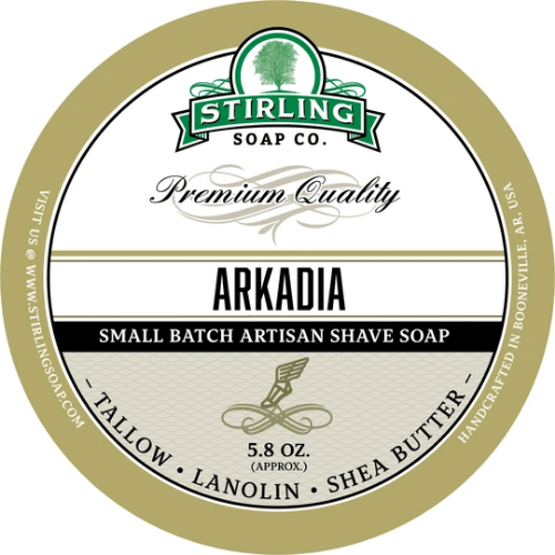 Pasteur Pharmacy Stirling Soap Co. Arkadia Shaving Collection set with shaving soap, brush, and accessories arranged on a surface.