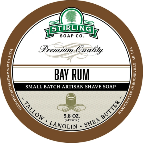 Pasteur Pharmacy Stirling Soap Co. Bay Rum Shaving Collection with shaving soap, brush, and accessories in a grooming set.