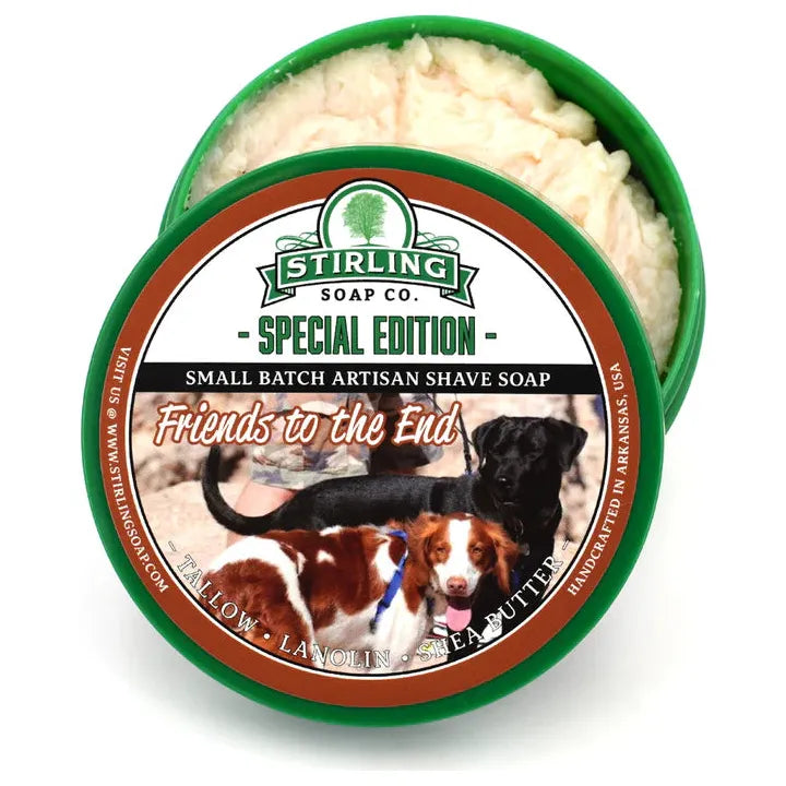 Pasteur Pharmacy Stirling Soap Co. Friends To The End shaving set with soap, brush, and accessories for traditional wet shaving.