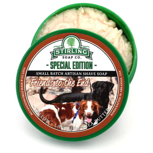 Pasteur Pharmacy Stirling Soap Co. Friends To The End shaving set with soap, brush, and accessories for traditional wet shaving.
