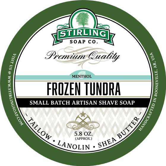 Pasteur Pharmacy Stirling Soap Co. Frozen Tundra shaving set with 5.8 oz shaving soap in a natural, close-up view.