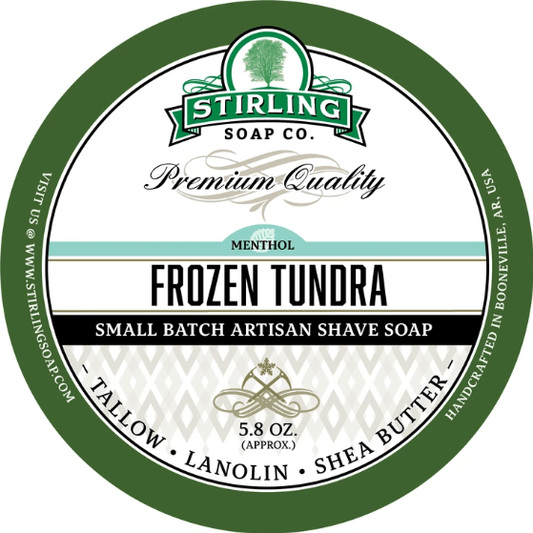 Pasteur Pharmacy Stirling Soap Co. Frozen Tundra shaving set with 5.8 oz shaving soap in a natural, close-up view.