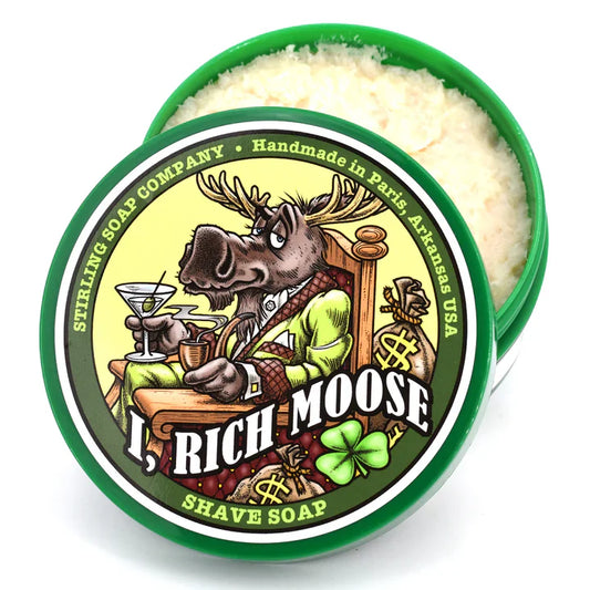 Shaving set with Stirling Soap Co. I Rich Moose shaving soap, brush, and accessories in a classic grooming collection.