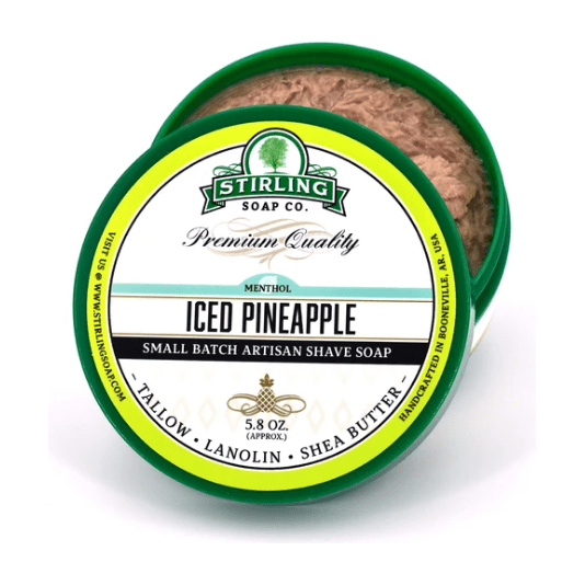 Pasteur Pharmacy Iced Pineapple Shaving Set with Stirling Soap Co. shaving soap in a 5.8 oz container, ideal for grooming.