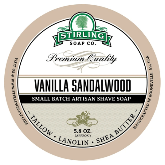 Stirling Soap Co. Vanilla Sandalwood shaving set with soap, brush, and accessories for a classic grooming experience.