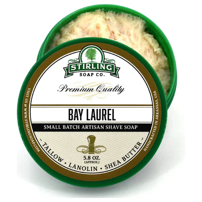 Pasteur Pharmacy Stirling Soap Co. Bay Laurel Shaving Set with shaving soap in a 5.8oz container and grooming accessories.