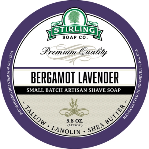Stirling Soap Co. Bergamot Lavender Shaving Collection set with shaving soap, brush, and accessories for a luxurious grooming experience