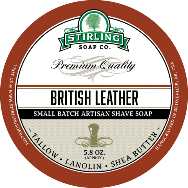 Pasteur Pharmacy British Leather Shaving Collection with Stirling Soap Co. shaving soap, shaving brush, and accessories in a set.