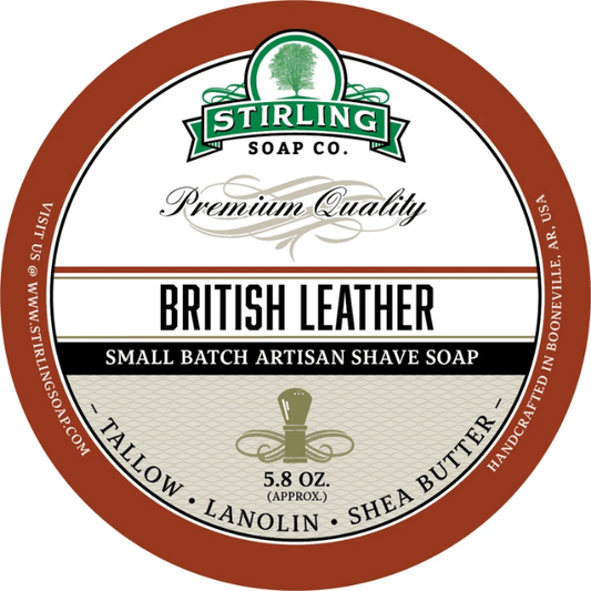 Pasteur Pharmacy British Leather Shaving Collection with Stirling Soap Co. shaving soap, shaving brush, and accessories in a set.