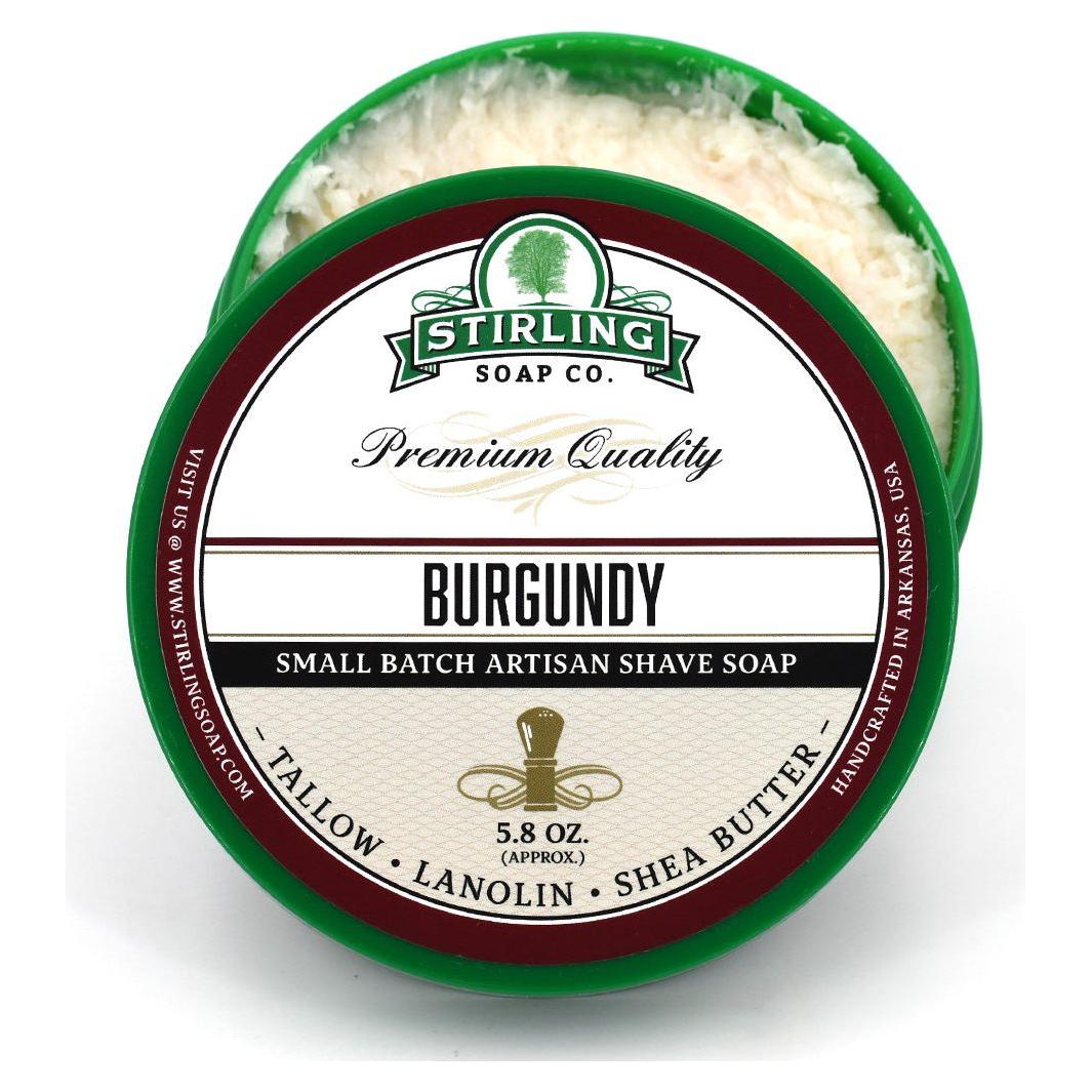 Pasteur Pharmacy Burgundy Shaving Set with Stirling Soap Co. shaving soap in a 5.8oz tin, includes brush and accessories.