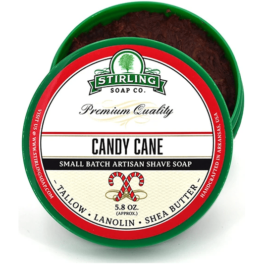 Pasteur Pharmacy Candy Cane Shaving Collection with Stirling Soap Co. shaving soap in a 5.8 oz container and shaving accessories.
