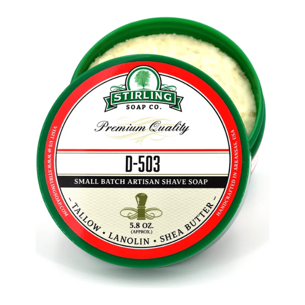 Pasteur Pharmacy Stirling Soap Co. D-503 shaving set with soap, brush, and accessories for traditional wet shaving.