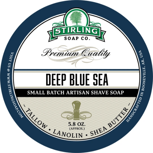 Shaving set with Stirling Soap Co. Deep Blue Sea shaving soap, brush, and razor in a premium grooming collection.
