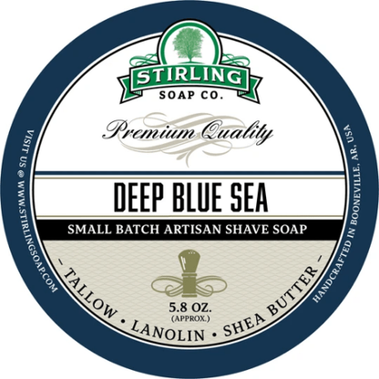 Shaving set with Stirling Soap Co. Deep Blue Sea shaving soap, brush, and razor in a premium grooming collection.
