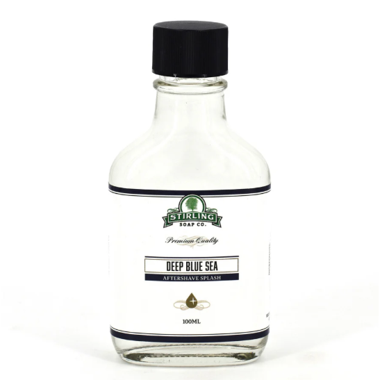 Deep Blue Sea Shaving Collection by Stirling Soap Co., includes shaving soap in a 5.8 oz container with grooming accessories.